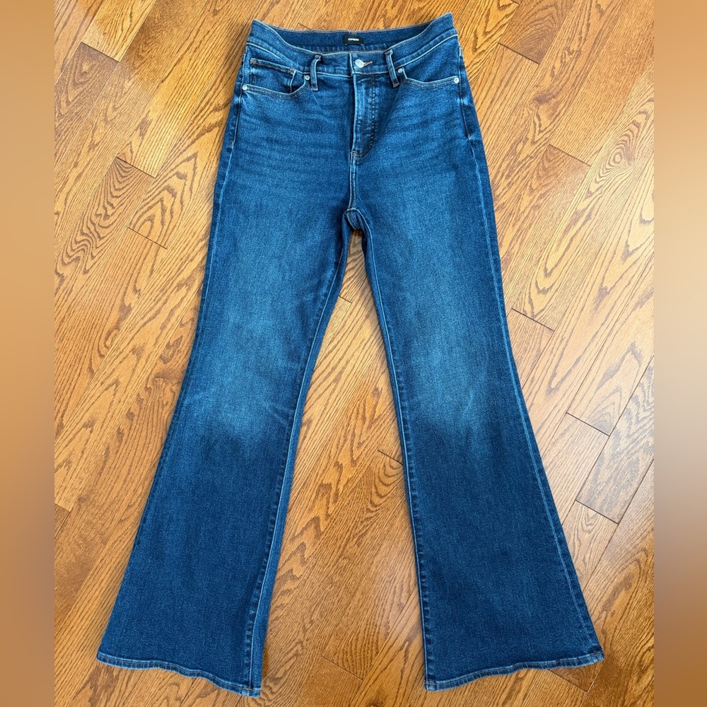 Express High Waisted Dark Wash Hyper Sculpt ’70s Flare Jeans